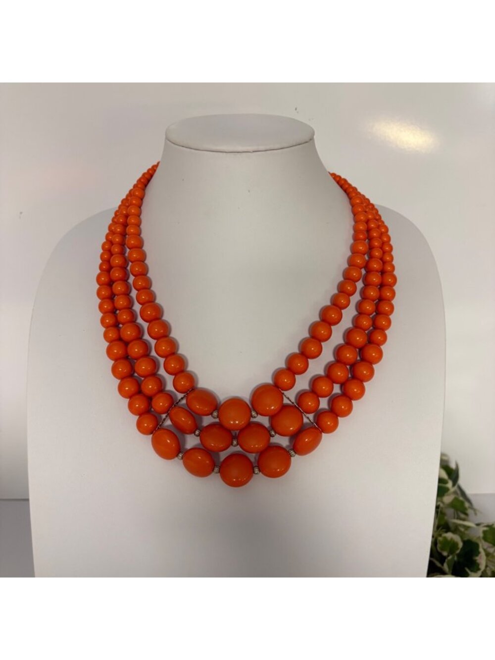 Three Strand Orange Bead Necklace Adjustable Chain Bold Statement Colorful